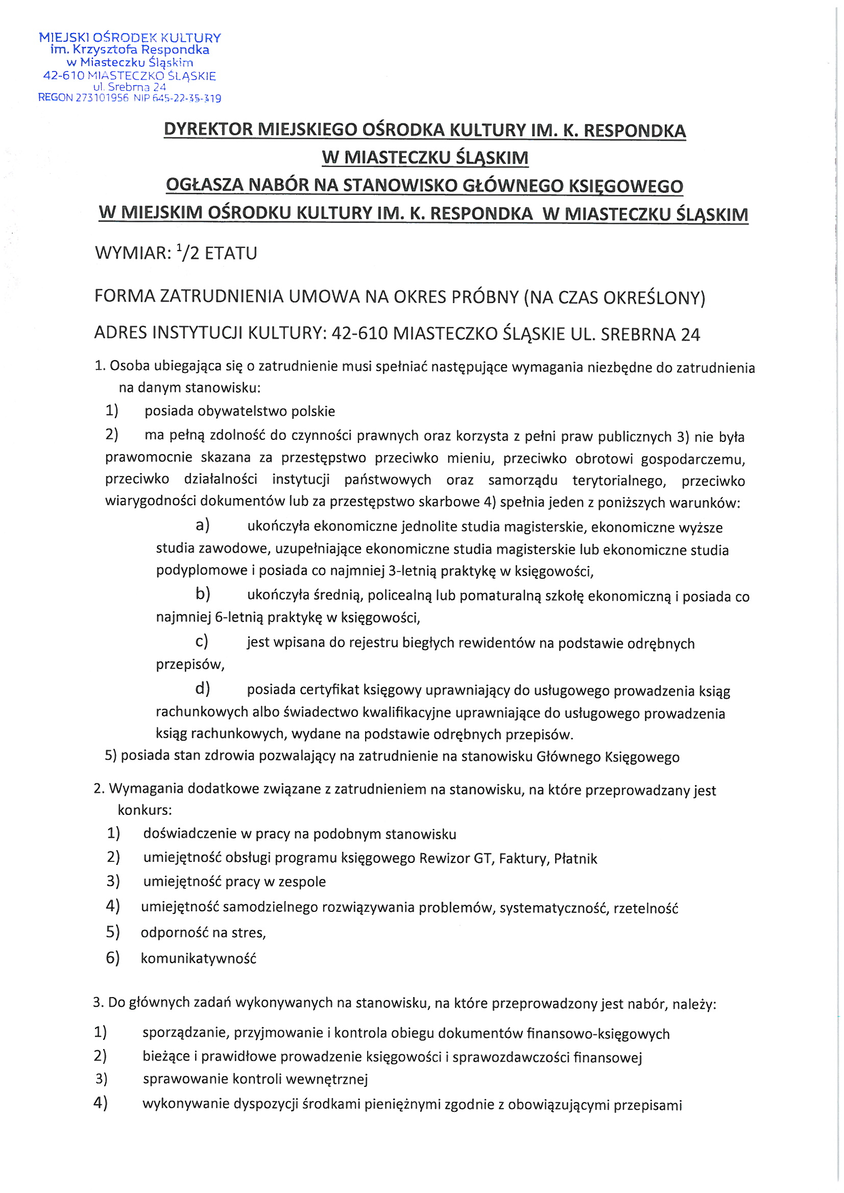 Nabór na stanowisko Głównego Księgowego w MOK im. K. Respondka w Miasteczku Śląskim