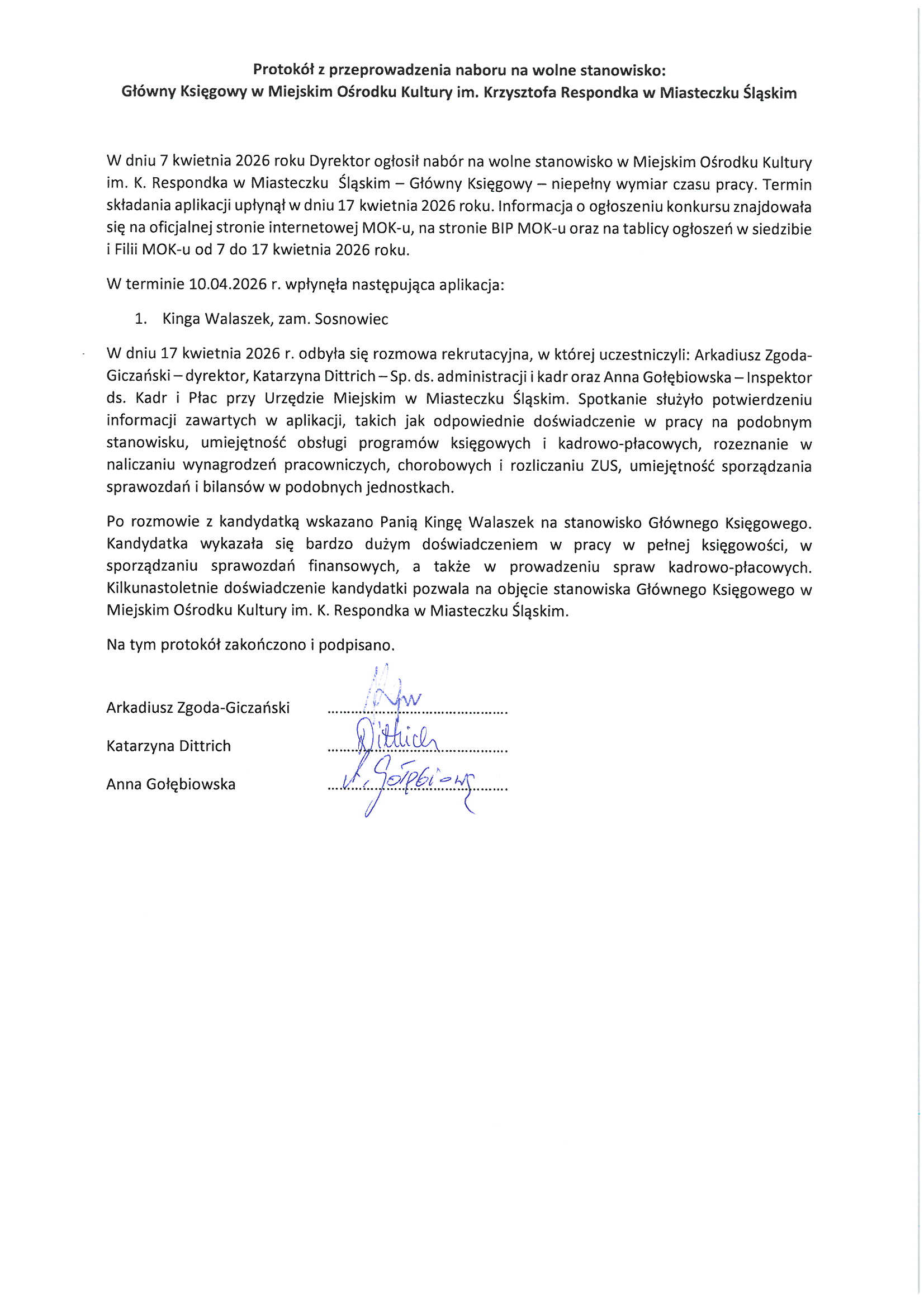 Protokół Komisji Konkursowej na wolne stanowisko Główny Księgowy w MOK im. K. Respondka