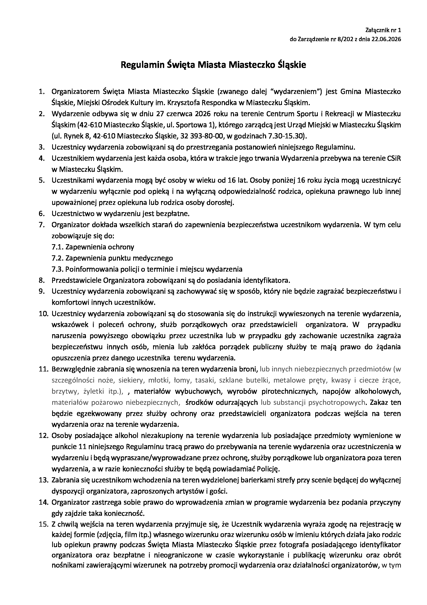 REGULAMIN ŚWIĘTA MIASTA MIASTECZKO ŚLĄSKIE