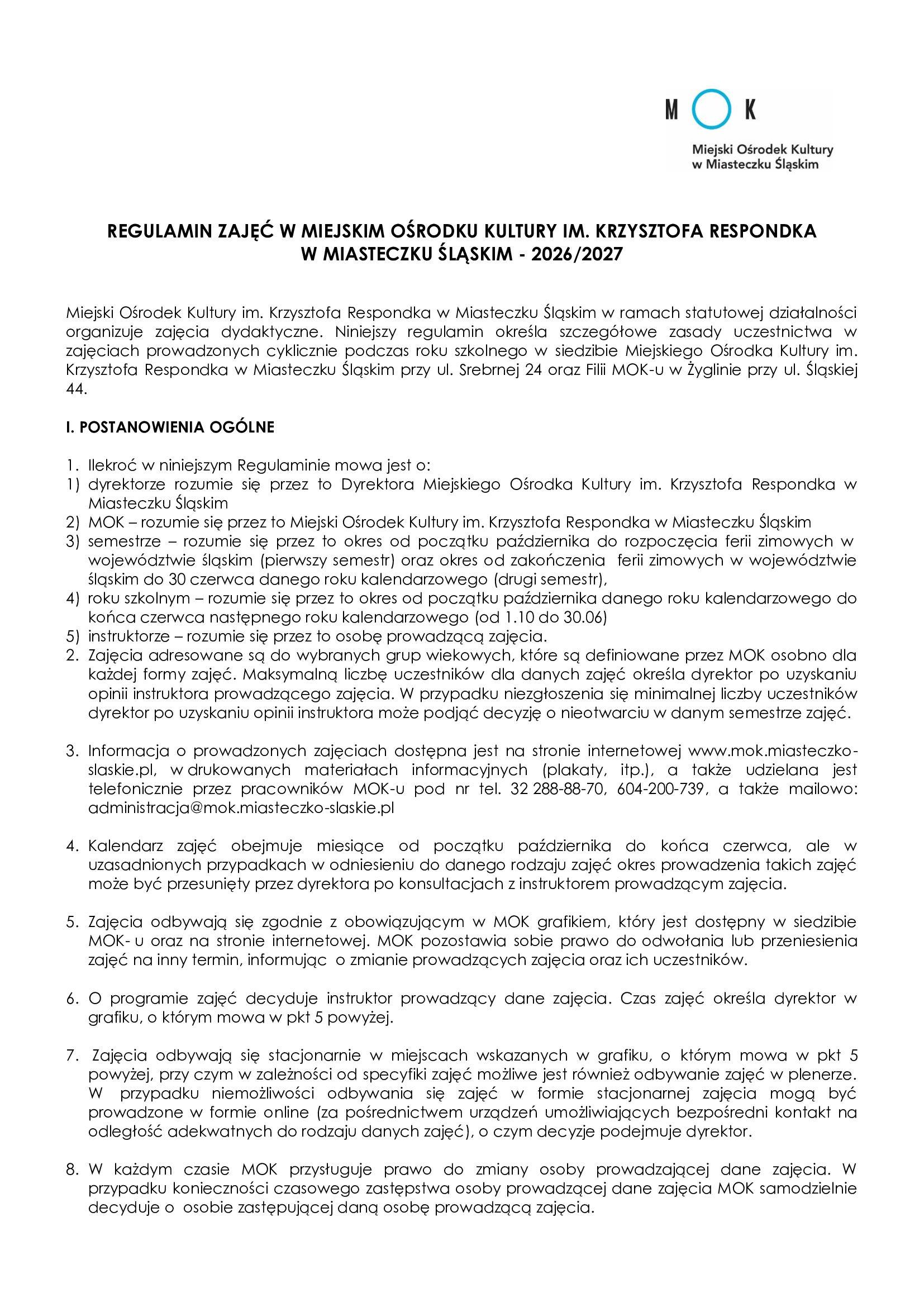 REGULAMIN UCZESTNICTWA W ZAJĘCIACH MOK W ROKU SZKOLNYM 2026/2027