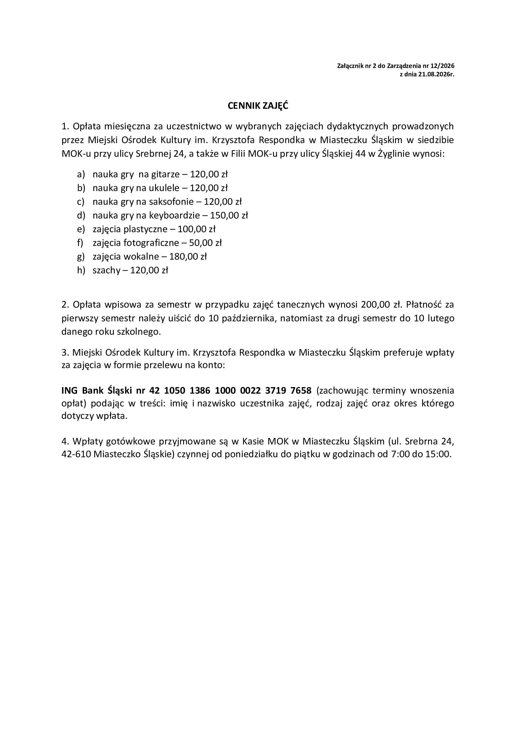 CENNIK ZAJĘĆ DYDAKTYCZNYCH W MOK IM. K . RESPONDKA