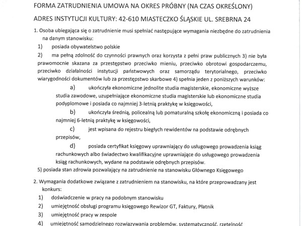 Nabór na stanowisko Głównego Księgowego w MOK im. K. Respondka w Miasteczku Śląskim