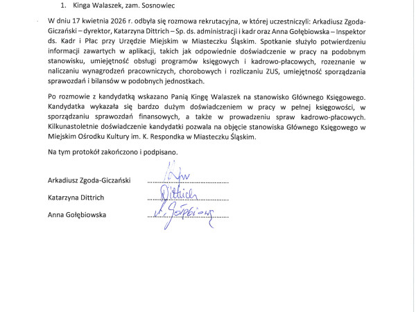 Protokół Komisji Konkursowej na wolne stanowisko Główny Księgowy w MOK im. K. Respondka