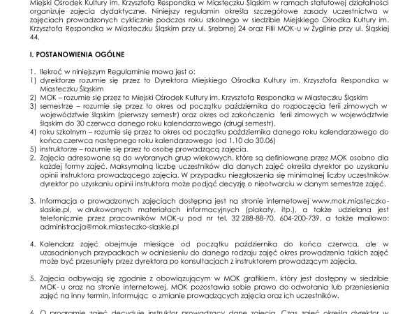 REGULAMIN UCZESTNICTWA W ZAJĘCIACH MOK W ROKU SZKOLNYM 2026/2027
