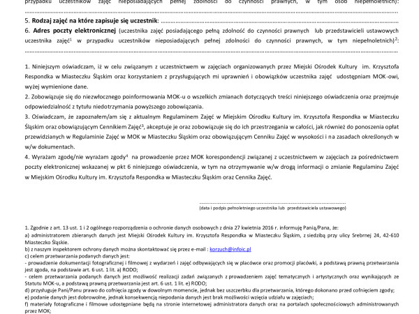 KARTA UCZESTNIKA ZAJĘĆ W MOK