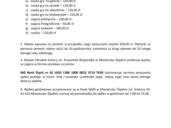 CENNIK ZAJĘĆ DYDAKTYCZNYCH W MOK IM. K . RESPONDKA